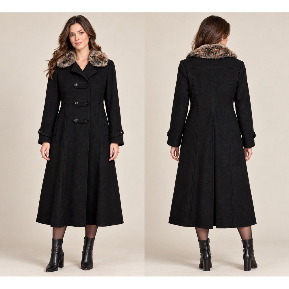 Rothschild Black 100% Wool Faux Fur Collar Long Princess Coat 16.5 Dark Academia